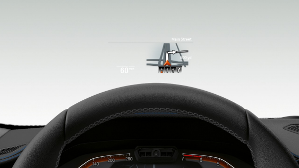 BMW Série 3 Berline, Head-Up Display Gros plan frontal à travers le pare-brise montrant un demi-volant de la BMW Série 3 Berline avec Head-Up Display.