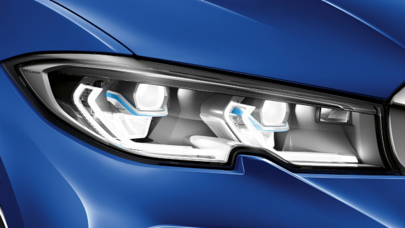 BMW Série 3 Berline, BMW Laserlight Gros plan latéral du phare avant gauche avec BMW Laserlight.