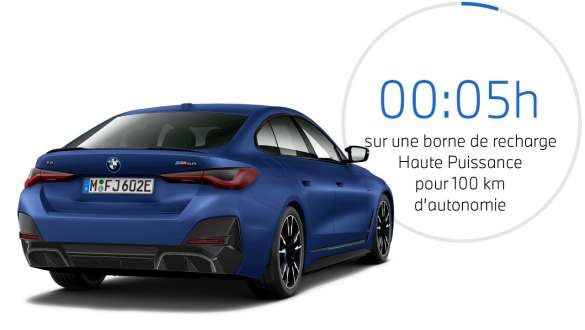 Vue de trois quarts arrière BMW i4 M50 eDrive40 G26 2021 BMW i4 M50 eDrive40 G26 2021 BMW Individual Frozen Portimao Blau metallic, vue de trois quarts arrière avec graphisme concernant la durée de recharge