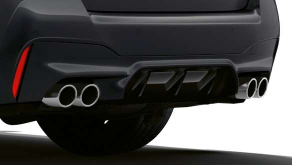 Double embout d'échappement M spécifique de la BMW M5 F90 2020 Double embout d'échappement M spécifique de la BMW M5 F90 LCI restylage 2020 Brands Hatch Grau metallic, vue en gros plan de la jupe arrière