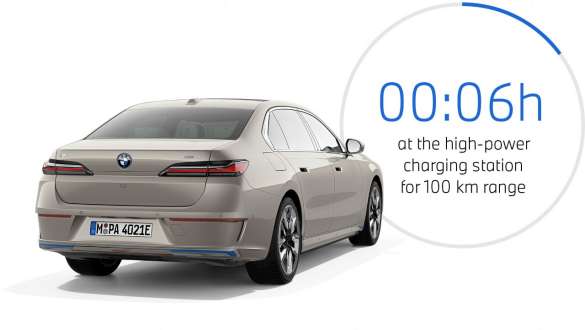 BMW i7 xDrive60 G70 2022 driekwart achteraanzicht met grafiek voor laadduur BMW i7 xDrive60 G70 2022 driekwart achteraanzicht met grafiek voor laadduur