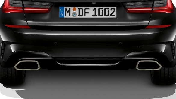 Exclusieve uitlaatpijpen BMW M340i xDrive Berline G20 2020 BMW M340i xDrive Berline G20 2020 Saphirschwarz metallic exclusieve uitlaatpijpen close-up