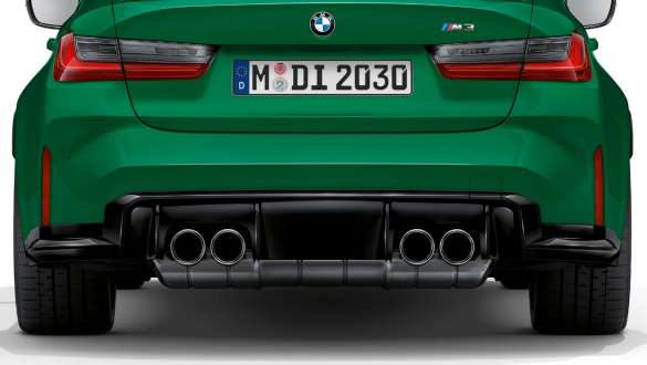 Uitlaatpijpen in chroom BMW M3 Berline G80 2020 BMW M3 Berline G80 2020 Isle of Man Grün uitlaatpijpen in chroom achteraanzicht