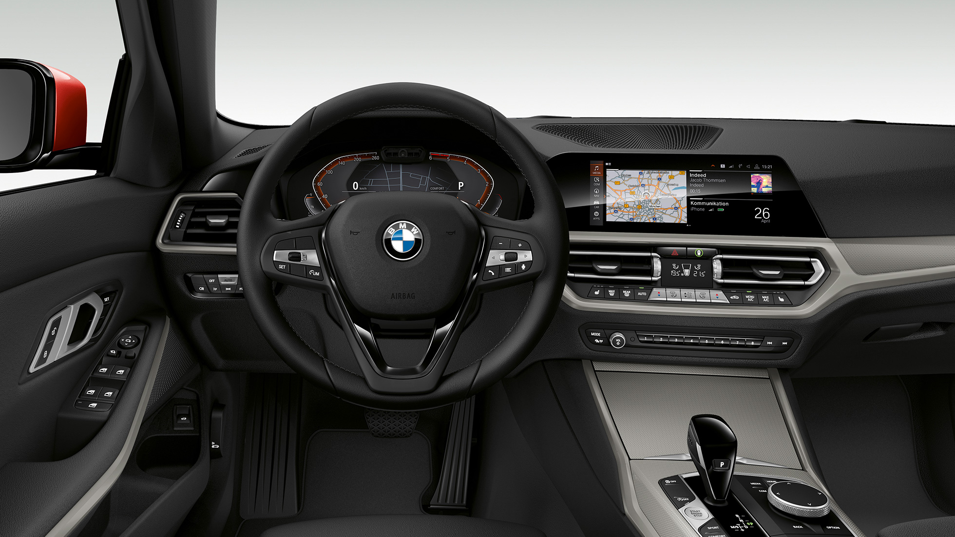 BMW 3 Reeks Berline, Model Advantage cockpit Frontale close-up van de cockpit aan bestuurderszijde van de BMW 3 Reeks Berline met de uitrusting van het model Advantage.