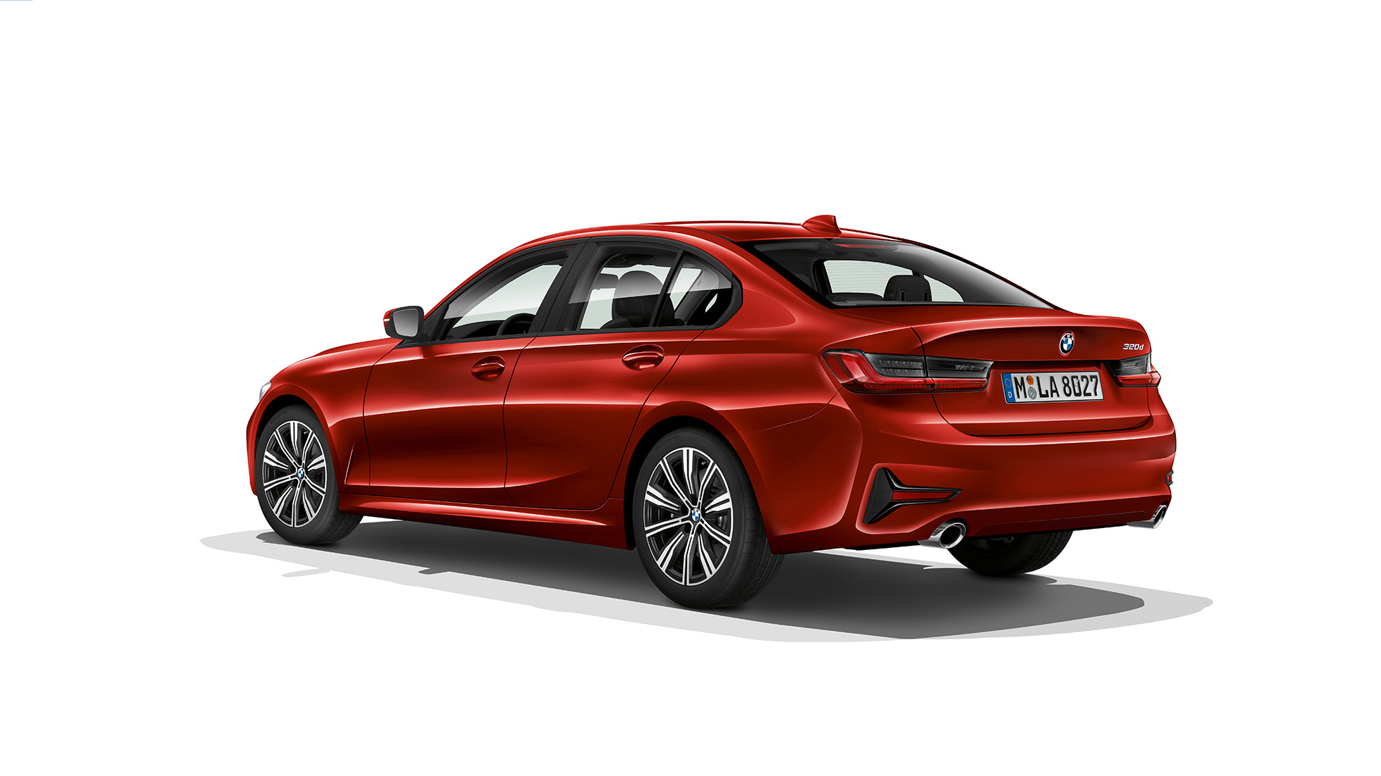 BMW 3 Reeks Berline, Model Advantage achterkant Driekwart achteraanzicht van de BMW 3 Reeks Berline met de uitrusting van het model Advantage.