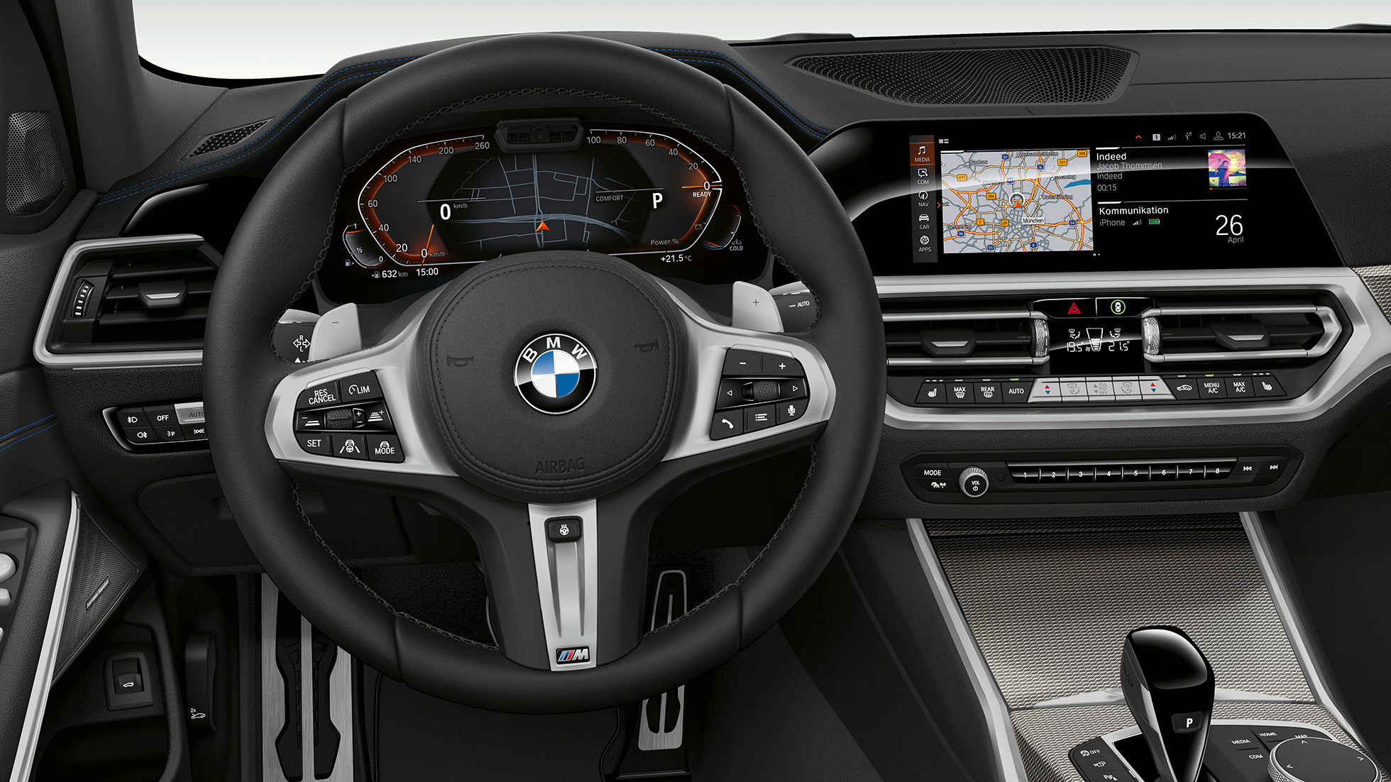 BMW 3 Reeks Berline, Model Sport cockpit Frontale close-up van de cockpit aan bestuurderszijde van de BMW 3 Reeks Berline met de uitrusting van het model Sport.
