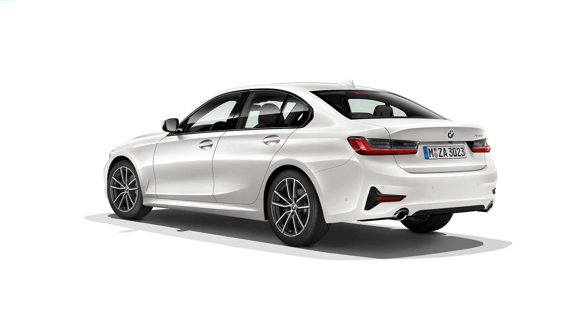 BMW 3 Reeks Berline, Model Sport achterkant Driekwart achteraanzicht van de BMW 3 Reeks Berline met de uitrusting van het model Sport.