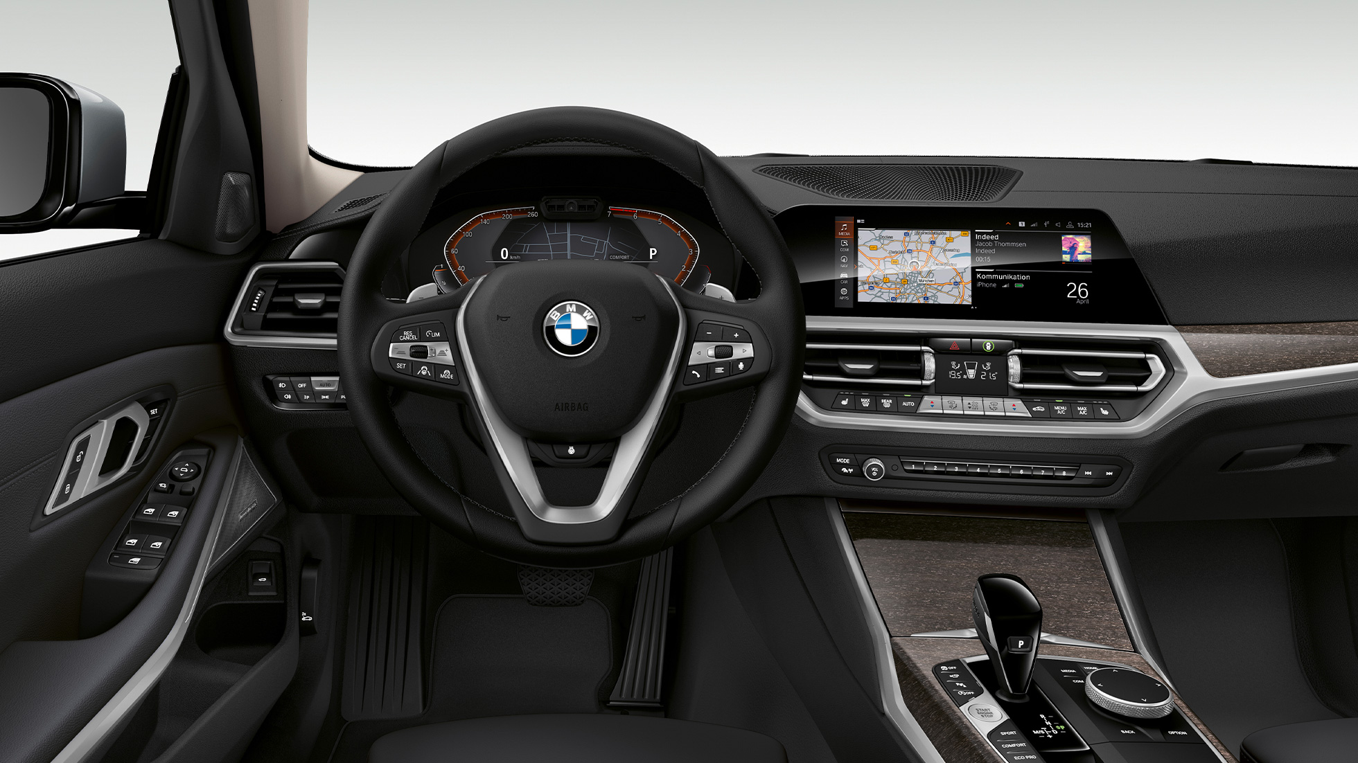 BMW 3 Reeks Berline, Model Luxury cockpit Frontale close-up van de cockpit aan bestuurderszijde van de BMW 3 Reeks Berline met de uitrusting van het model Luxury.
