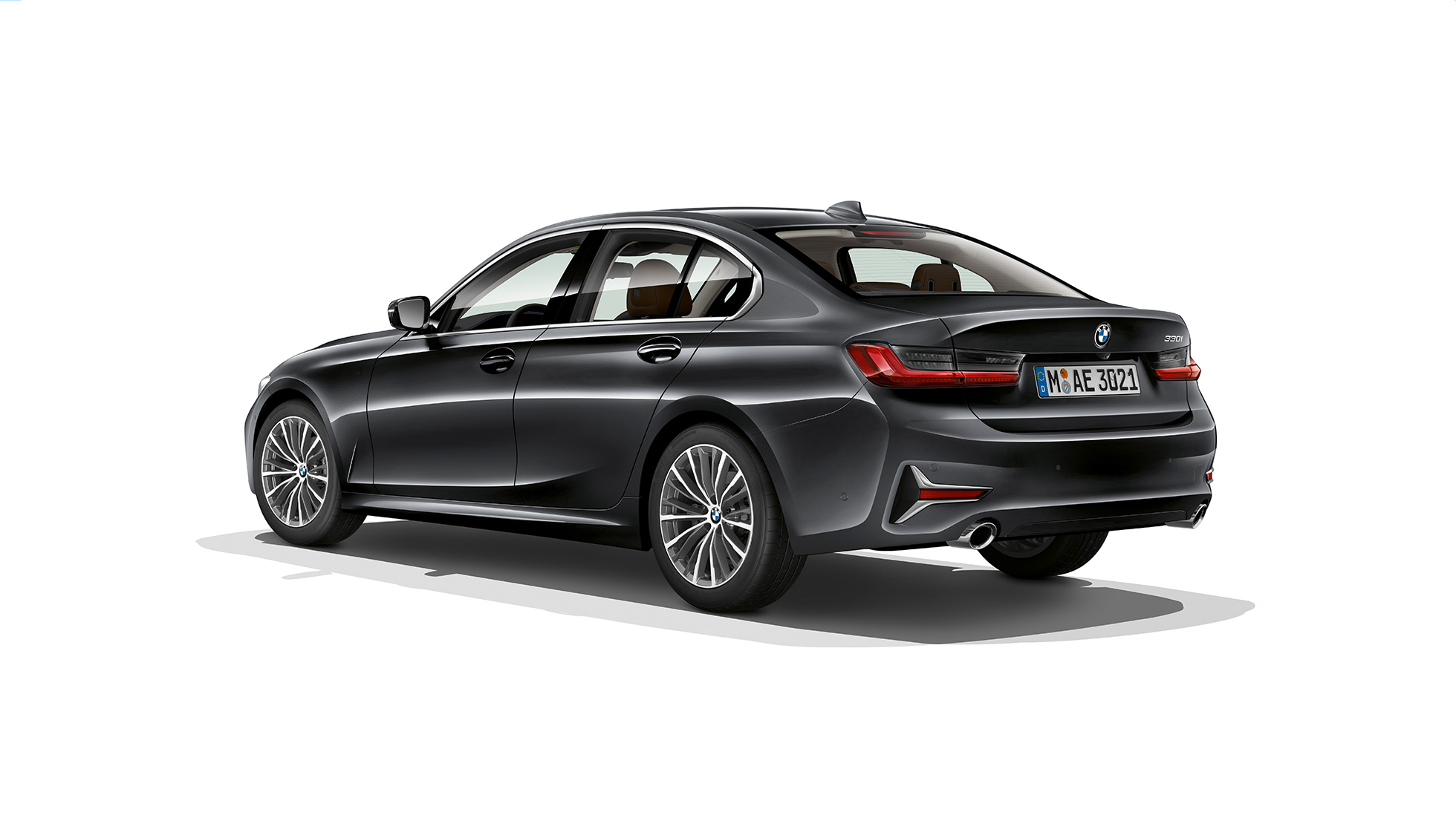 BMW 3 Reeks Berline, Model Luxury achterkant Driekwart achteraanzicht van de BMW 3 Reeks Berline met de uitrusting van het model Luxury.