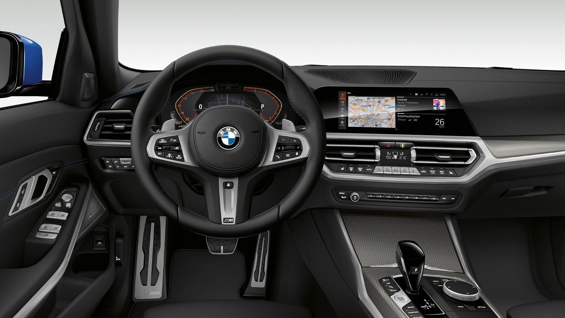 BMW 3 Reeks Berline, Model M Sport cockpit Frontale close-up van de cockpit aan bestuurderszijde van de BMW 3 Reeks Berline met de uitrusting van het model M Sport.