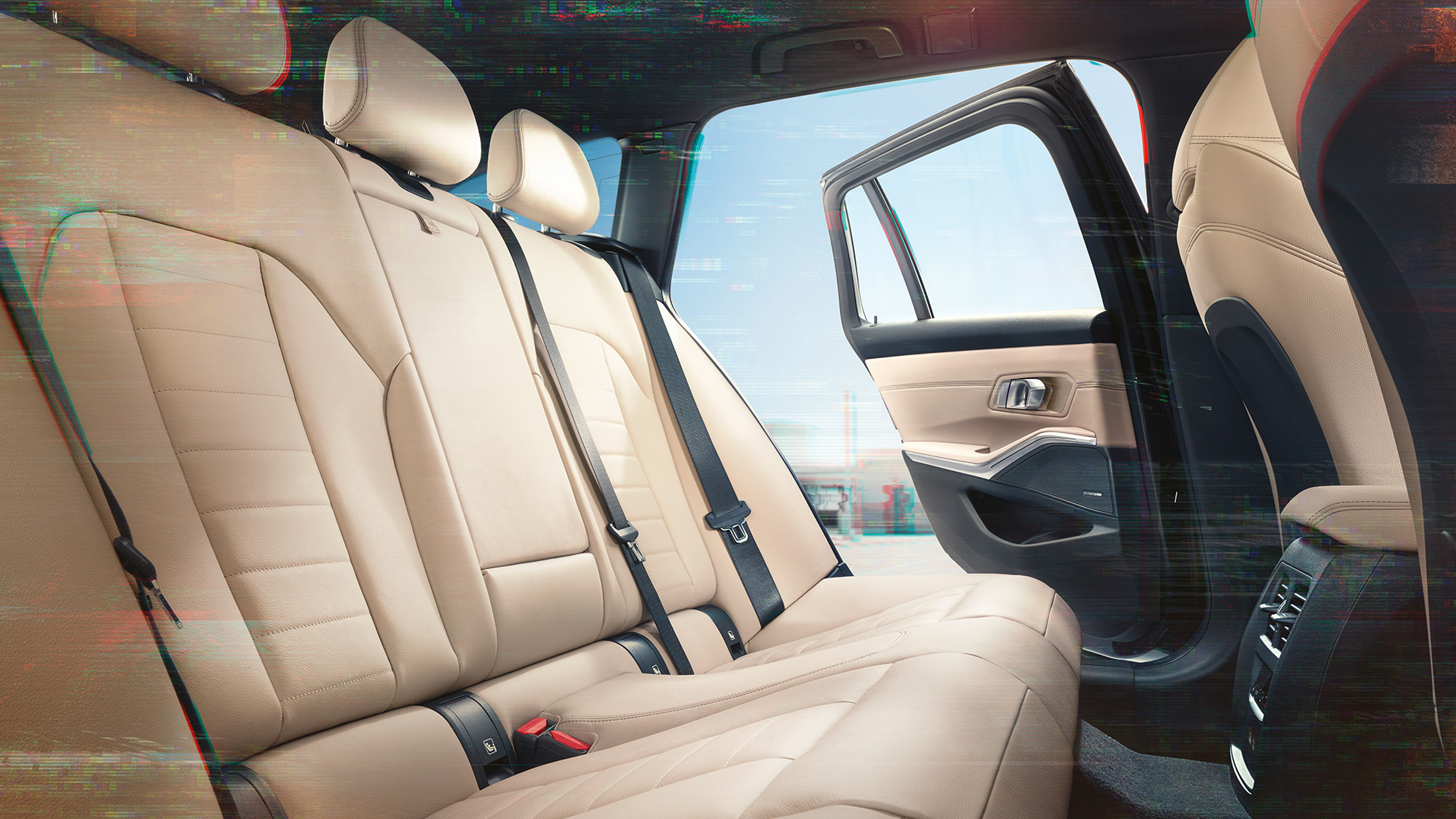 BMW Série 3 Touring, vue de détail de la banquette arrière G21 BMW Série 3 Touring, vue de détail de la banquette arrière avec garnissage G21