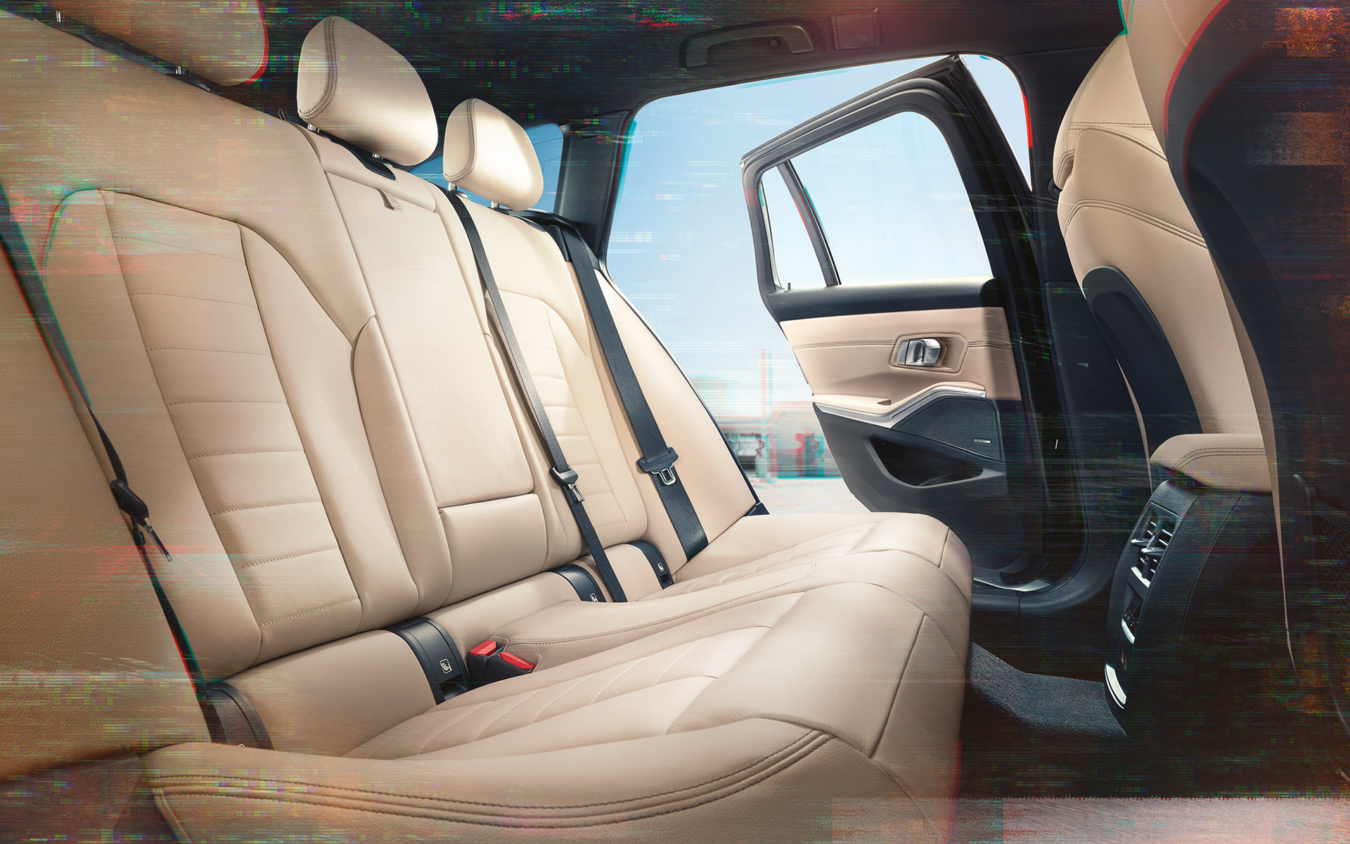 BMW Série 3 Touring (G21), vue de détail de la banquette arrière BMW Série 3 Touring (G21), revêtement cuir, vue de détail de la banquette arrière avec garnissage