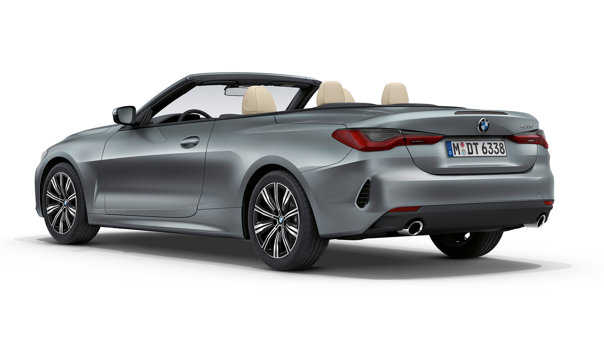 Achterkant BMW 4 Reeks Cabrio basisuitrusting G23 2020 BMW 4 Reeks Cabrio G23 2020 basisuitrusting Bluestone metallic driekwart achteraanzicht