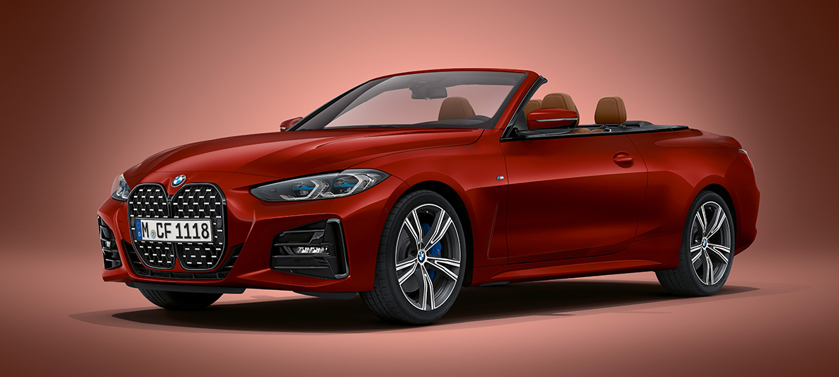 BMW Individual Aventurinrot metallic BMW 4 Reeks Cabrio G23 2020 BMW 4 Reeks Cabrio G23 2020 BMW Individual Aventurinrot metallic driekwart vooraanzicht stilstaand