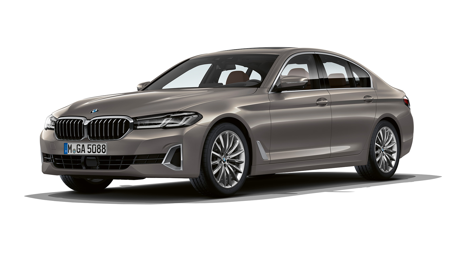 BMW 5 Reeks Berline G30 Luxury Line voorkant BMW 5 Reeks Berline 520d xDrive G30 2020 Luxury Line in Berninagrau driekwart vooraanzicht
