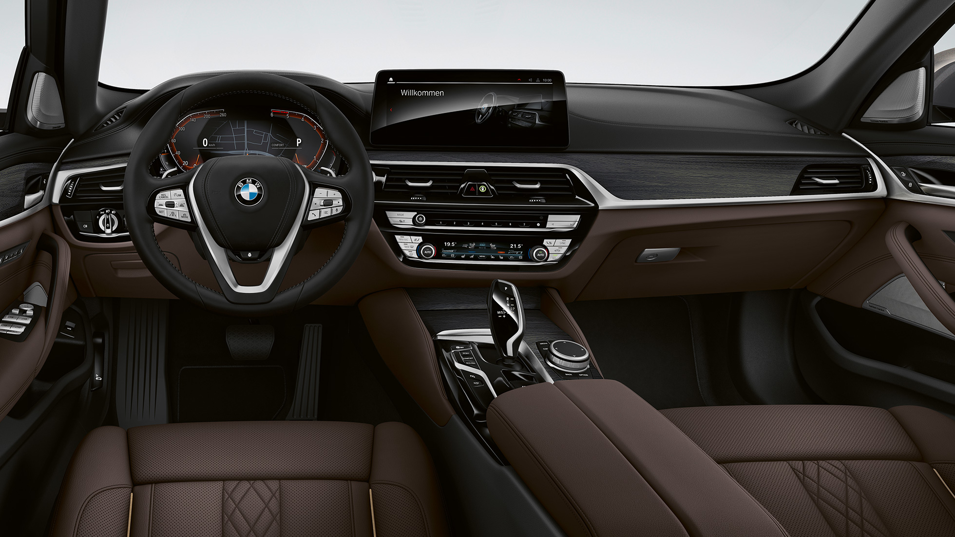 Cockpit BMW 5 Reeks Berline G30 Luxury Line Cockpit BMW 5 Reeks Berline 520d xDrive G30 2020 Luxury Line exclusief leder Nappa Mokka Exklusivnaht met contrasterende boord interieur