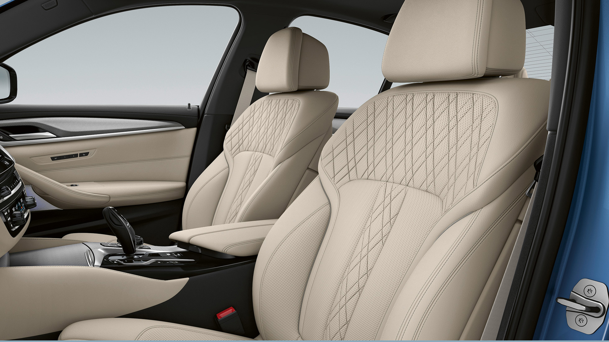 Bekleding BMW 5 Reeks G30 Berline plug-in-hybride M Sportpakket Bekleding in leder Dakota Schwarz met contrastnaad Blau BMW 5 Reeks Berline 520d xDrive G30 2020 M Sportpakket interieur