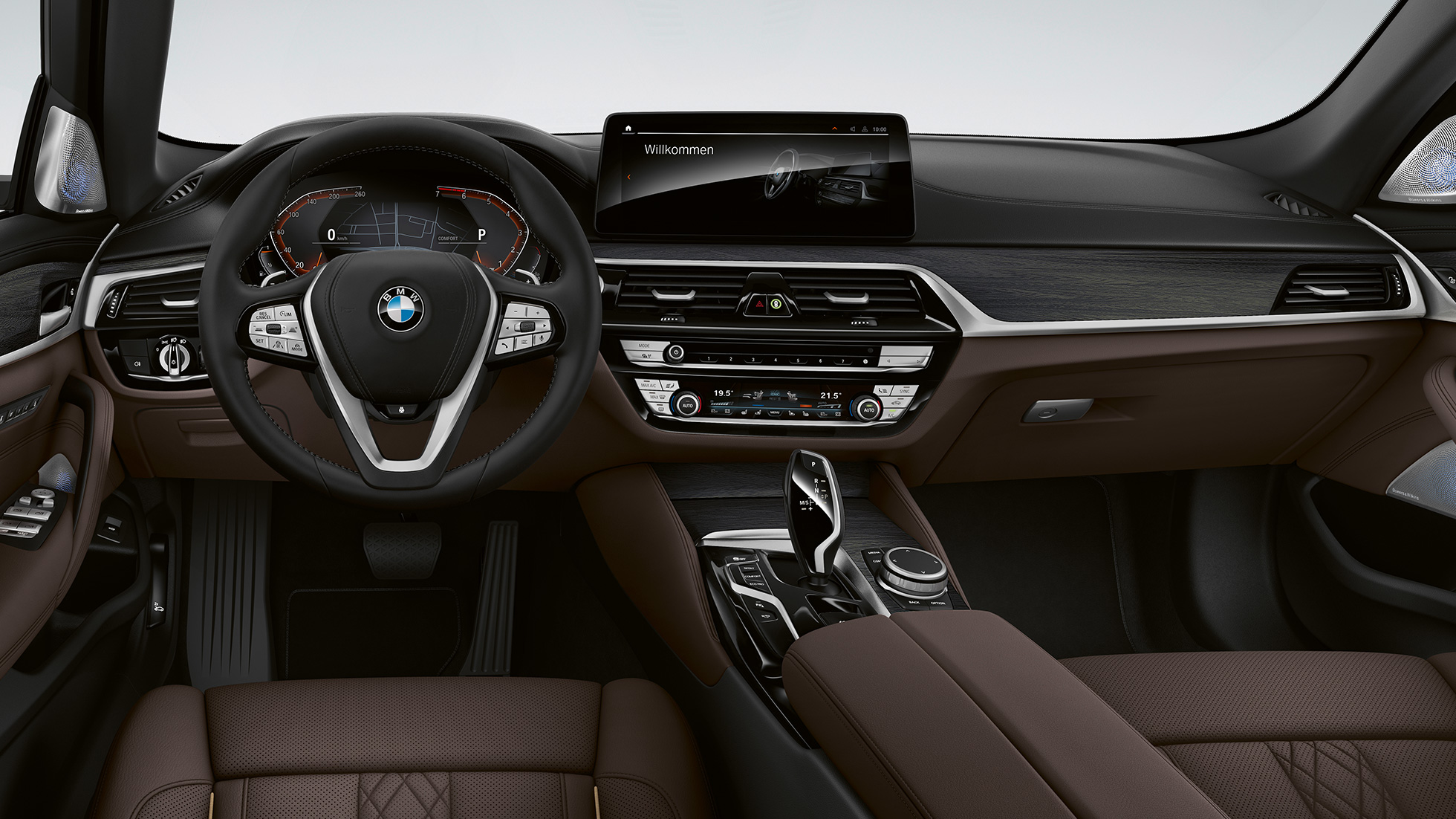 Modèle Luxury de la BMW Série 5 Touring G31, habitacle Modèle Luxury de la BMW Série 5 Touring 530i G31 2020, revêtement intérieur cuir Nappa exclusif avec surpiqûre exclusive et passepoil contrasté, habitacle