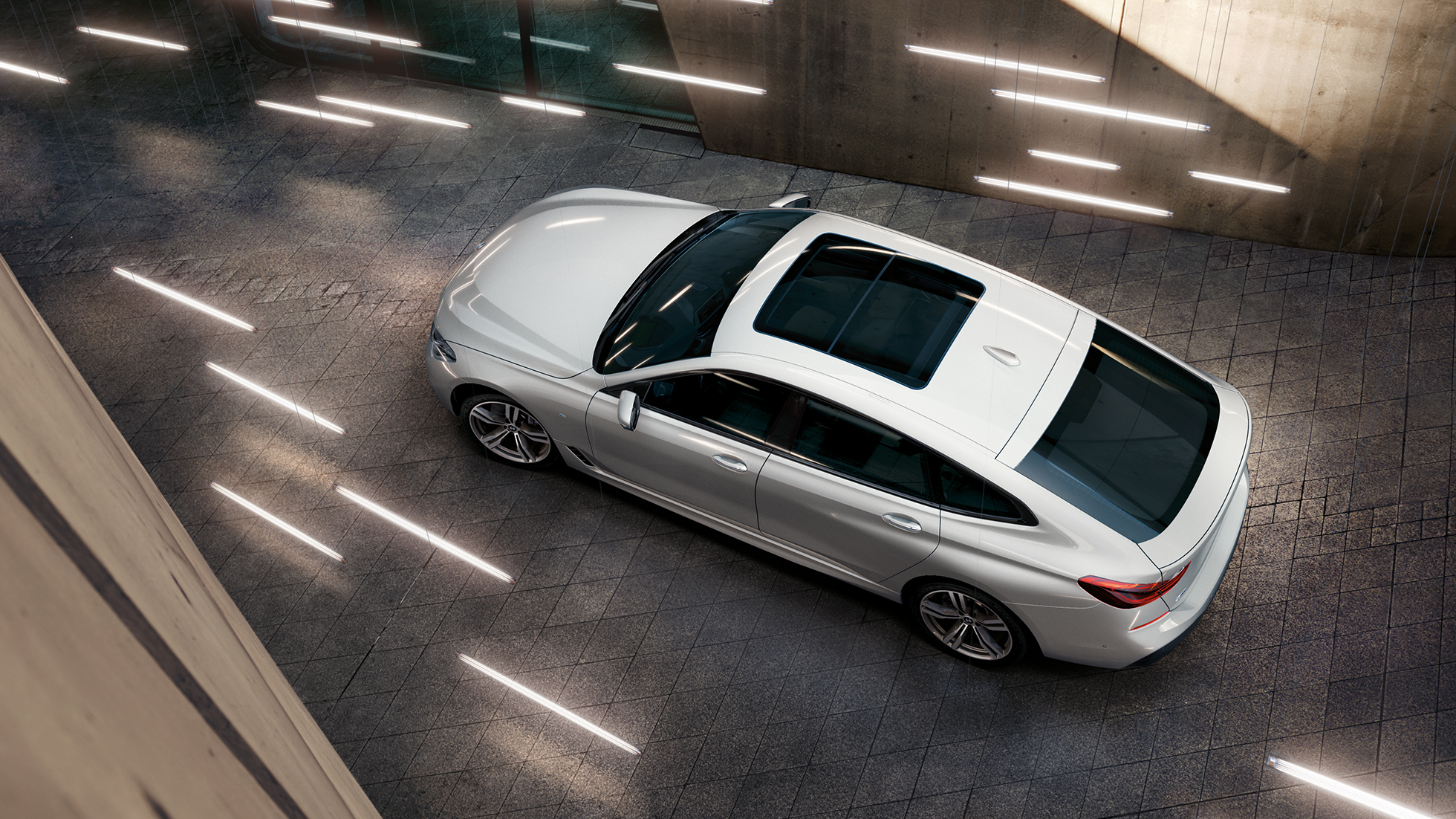 BMW 6 Reeks Gran Turismo G32 vogelperspectief BMW 6 Reeks Gran Turismo G32 2017 Mineralweiß metallic vogelperspectief