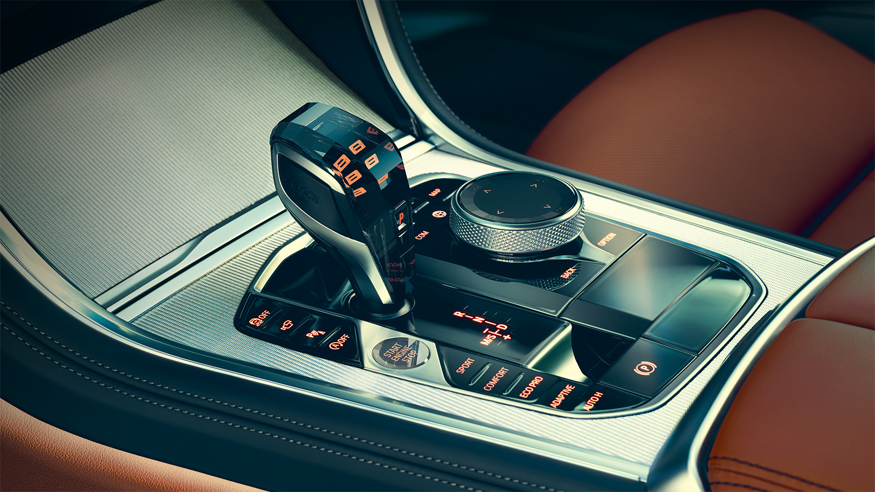 BMW 8 Reeks Coupé, glasafwerking Close-up van de BMW 8 Reeks Coupé glasafwerking in het interieur.