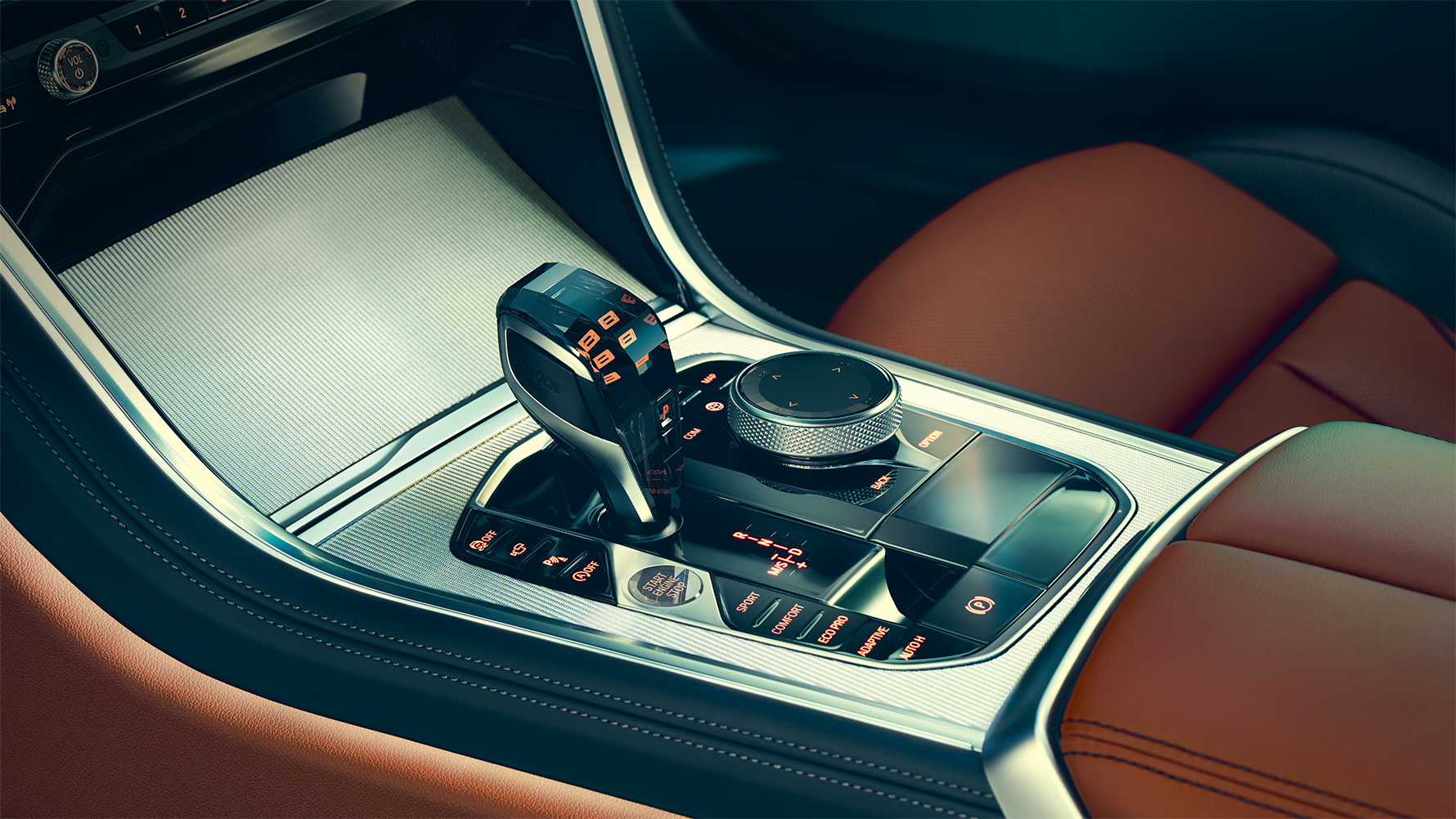BMW 8 Reeks Coupé, middenconsole Close-up van het BMW 8 Reeks Coupé interieur met focus op de middenconsole.