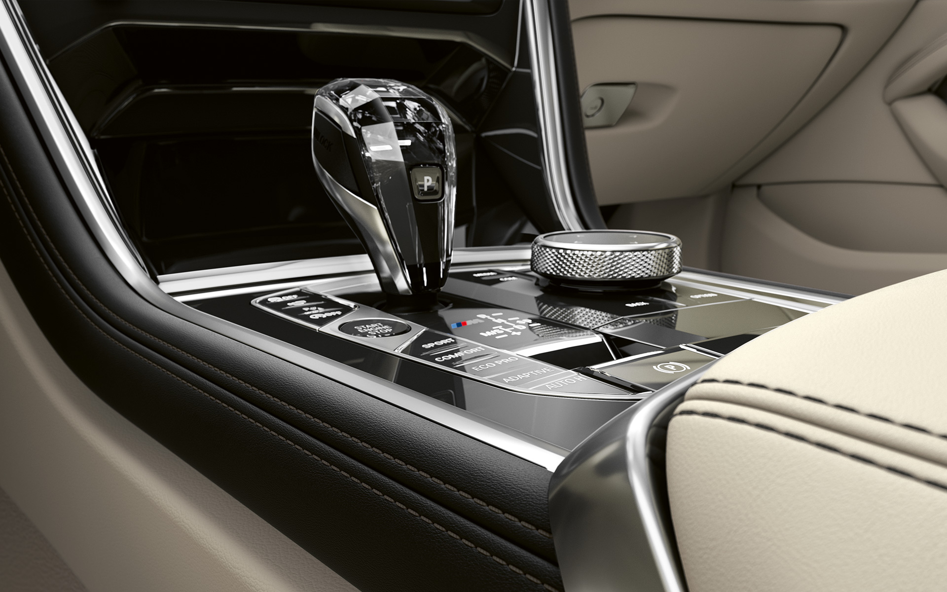 BMW 8 Reeks Coupé, middenconsole Close-up van de middenconsole van de BMW 8 Reeks Coupé.