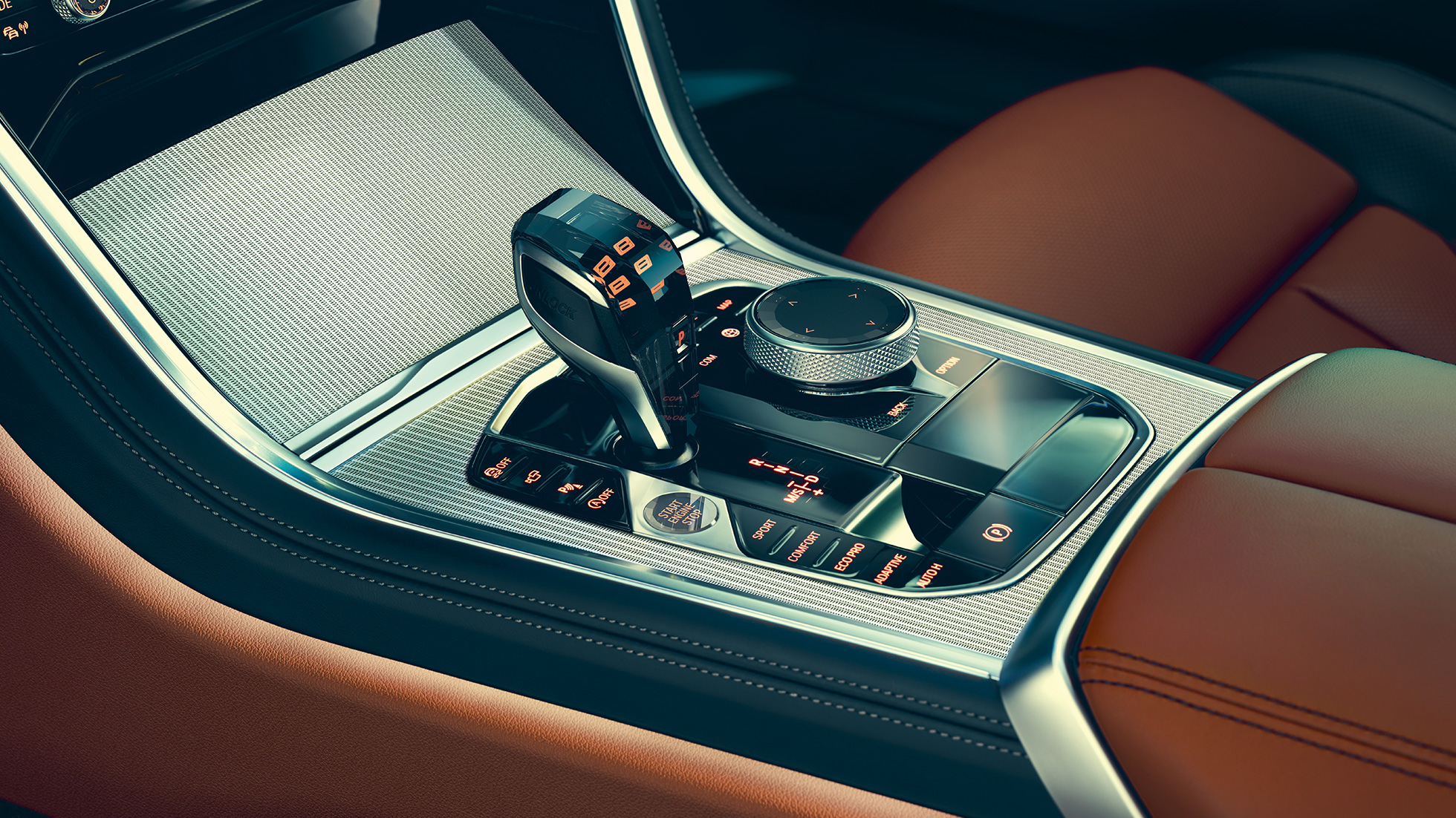 BMW Série 8 Coupé, intérieur G15. Intérieur de la BMW Série 8 Coupé, vue en gros plan du sélecteur de vitesses G15.