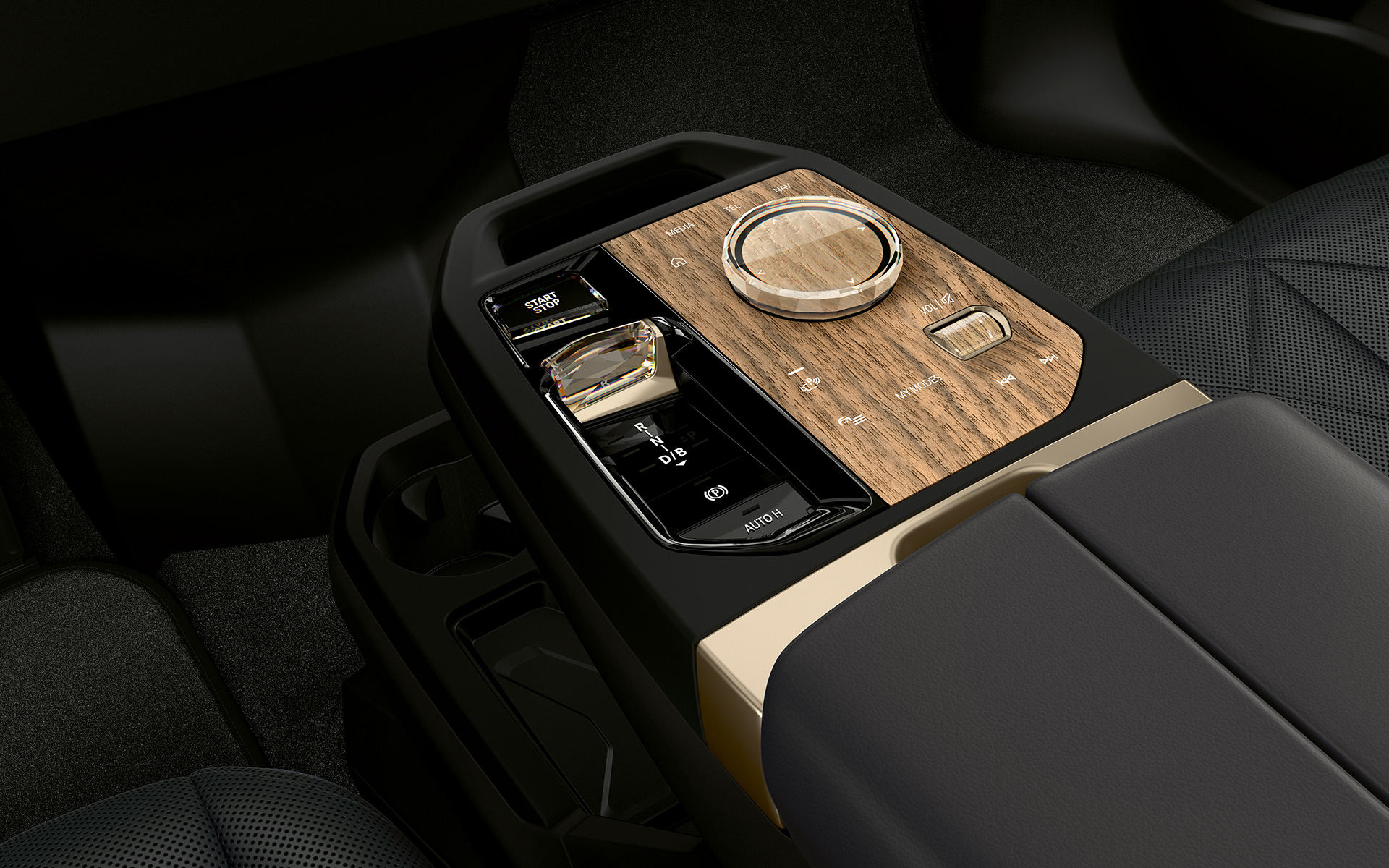 BMW iX M60 i20 2022 elektrische SUV middenconsole met start-/stopknop en BMW Controller interieur