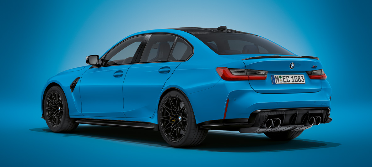 BMW M3 Berline BMW Individual Mexikoblau metallic G80 2021 driekwart achteraanzicht stilstaand BMW M3 Berline BMW Individual Mexikoblau metallic G80 2021 driekwart achteraanzicht stilstaand