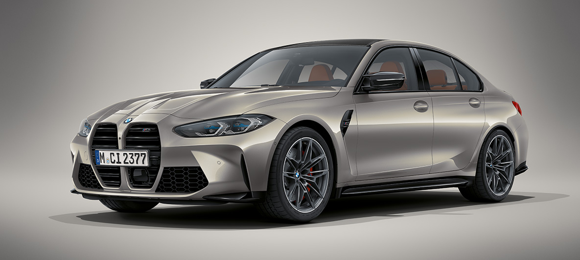 BMW Individual Oxidgrau metallic BMW M3 Berline G80 2020 BMW M3 Berline BMW Individual Oxidgrau metallic G80 2020 driekwart vooraanzicht stilstaand