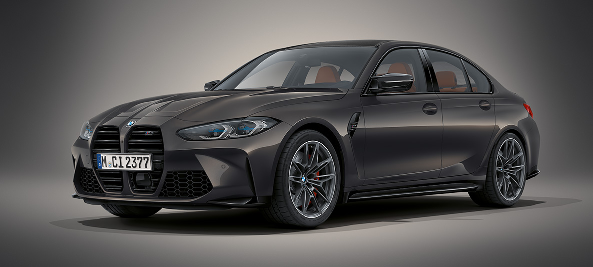BMW Individual Dravitgrau metallic BMW M3 Berline G80 2020 BMW M3 Berline BMW Individual Dravitgrau metallic G80 2020 driekwart vooraanzicht stilstaand