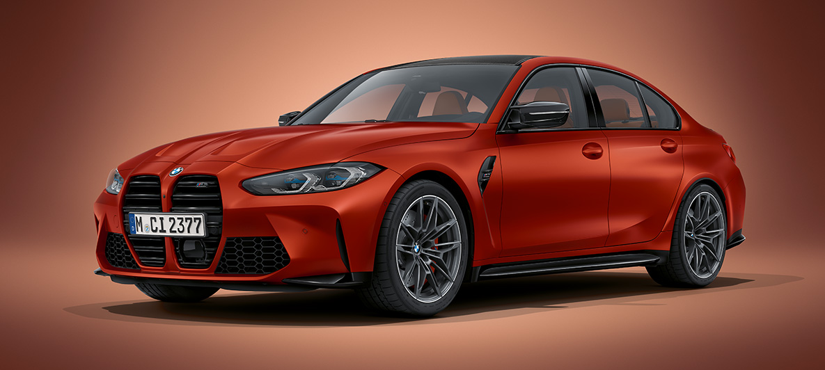 BMW Individual Frozen Orange metallic BMW M3 Berline G80 2020 BMW M3 Berline BMW Individual Frozen Orange metallic G80 2020 driekwart vooraanzicht stilstaand