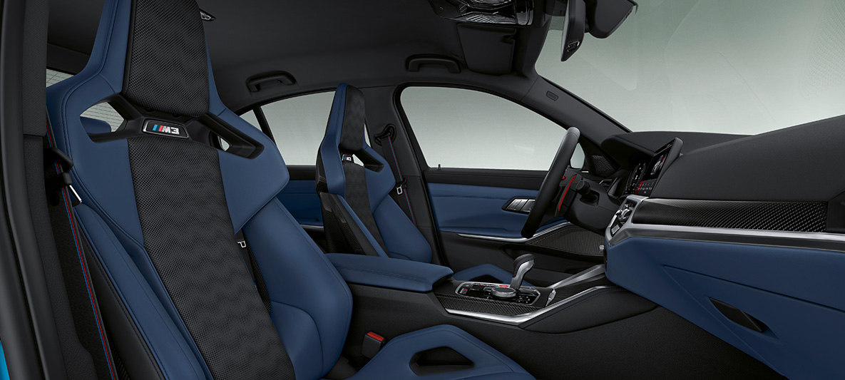 BMW Individual binnenbekleding volleder Merino Feinnarbe Fjordblau/Schwarz BMW M3 Berline 2021 G80 interieur BMW Individual binnenbekleding volleder Merino Feinnarbe Fjordblau/Schwarz BMW M3 Berline G80 2021 interieur cockpit