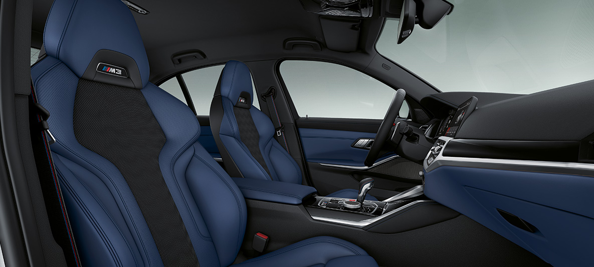 BMW Individual binnenbekleding volleder Merino Fjordblau/Schwarz BMW M3 Berline 2020 G80 interieur BMW Individual binnenbekleding volleder Merino Fjordblau/Schwarz BMW M3 Berline G80 2020 interieur cockpit