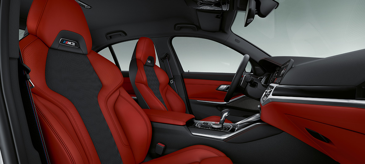 BMW Individual binnenbekleding volleder Merino Fionarot/Schwarz BMW M3 Berline 2020 G80 interieur BMW Individual binnenbekleding volleder Merino Fionarot/Schwarz BMW M3 Berline G80 2020 interieur cockpit