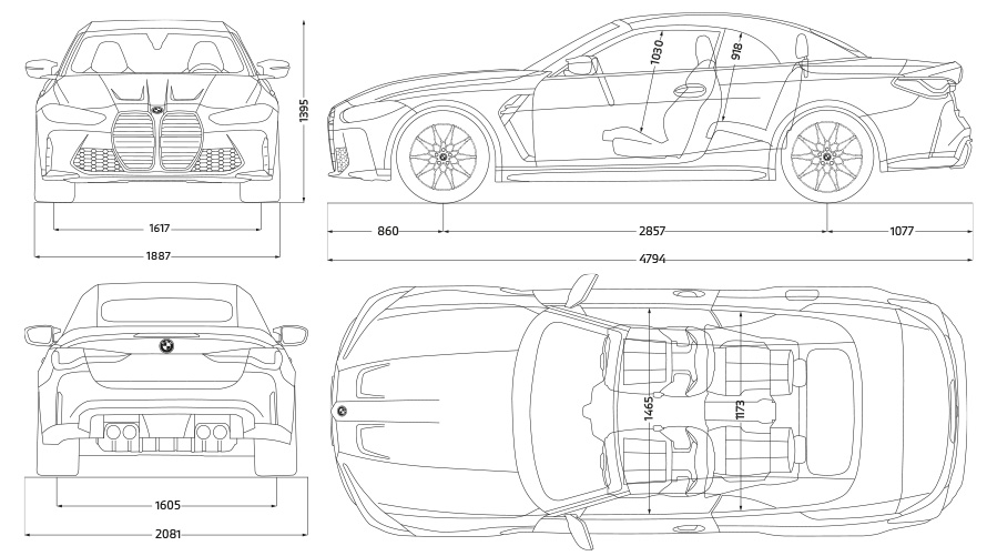 BMW M4 Competition Cabrio met M xDrive G83 2021 lijntekening zijaanzicht BMW M4 Competition Cabrio met M xDrive G83 2021 lijntekening afmetingen zijaanzicht