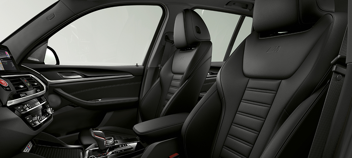 BMW X3 M, sportzetels in leder Vernasca Schwarz F97. BMW X3 M, interieur, sportzetels in leder Vernasca Schwarz F97.