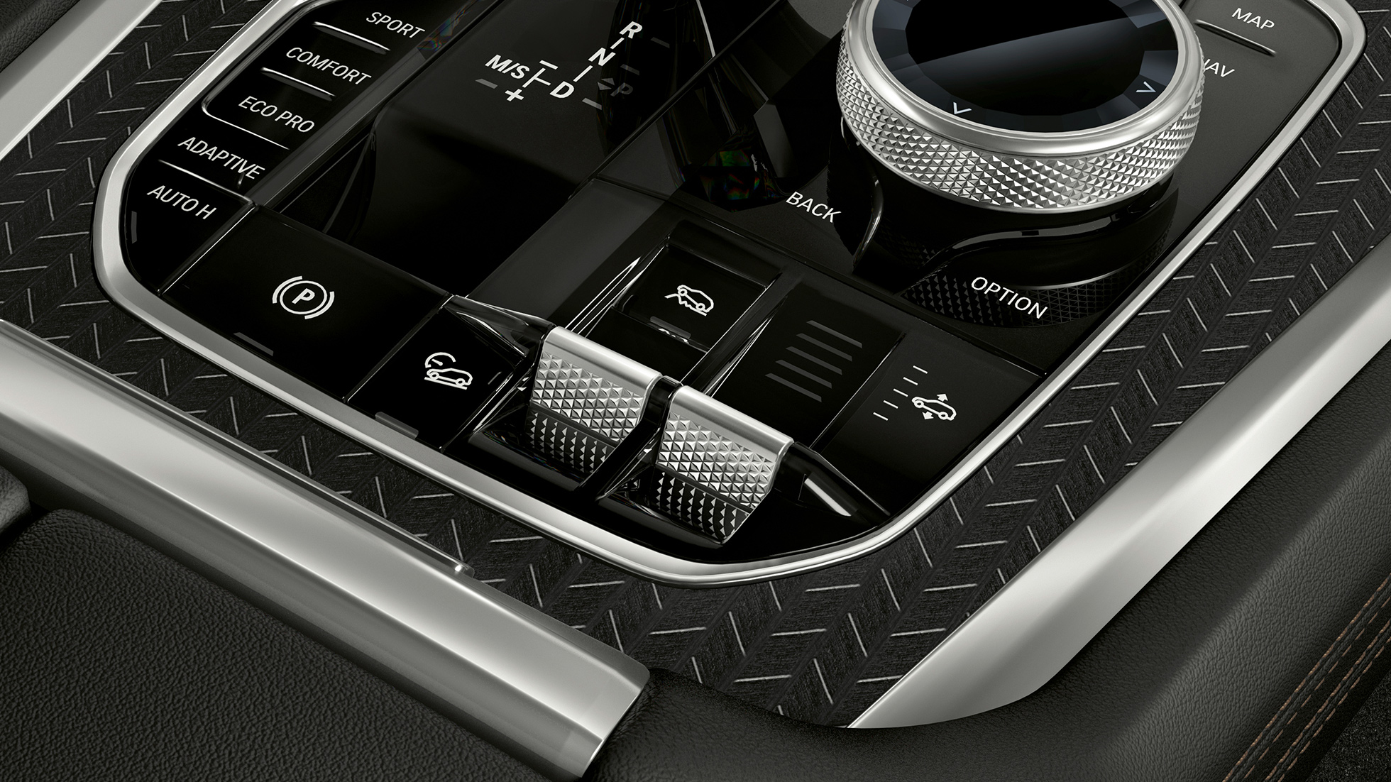 BMW X6 middenconsole G06. Close-up van het BMW X6 interieur met zicht op de middenconsole G06.