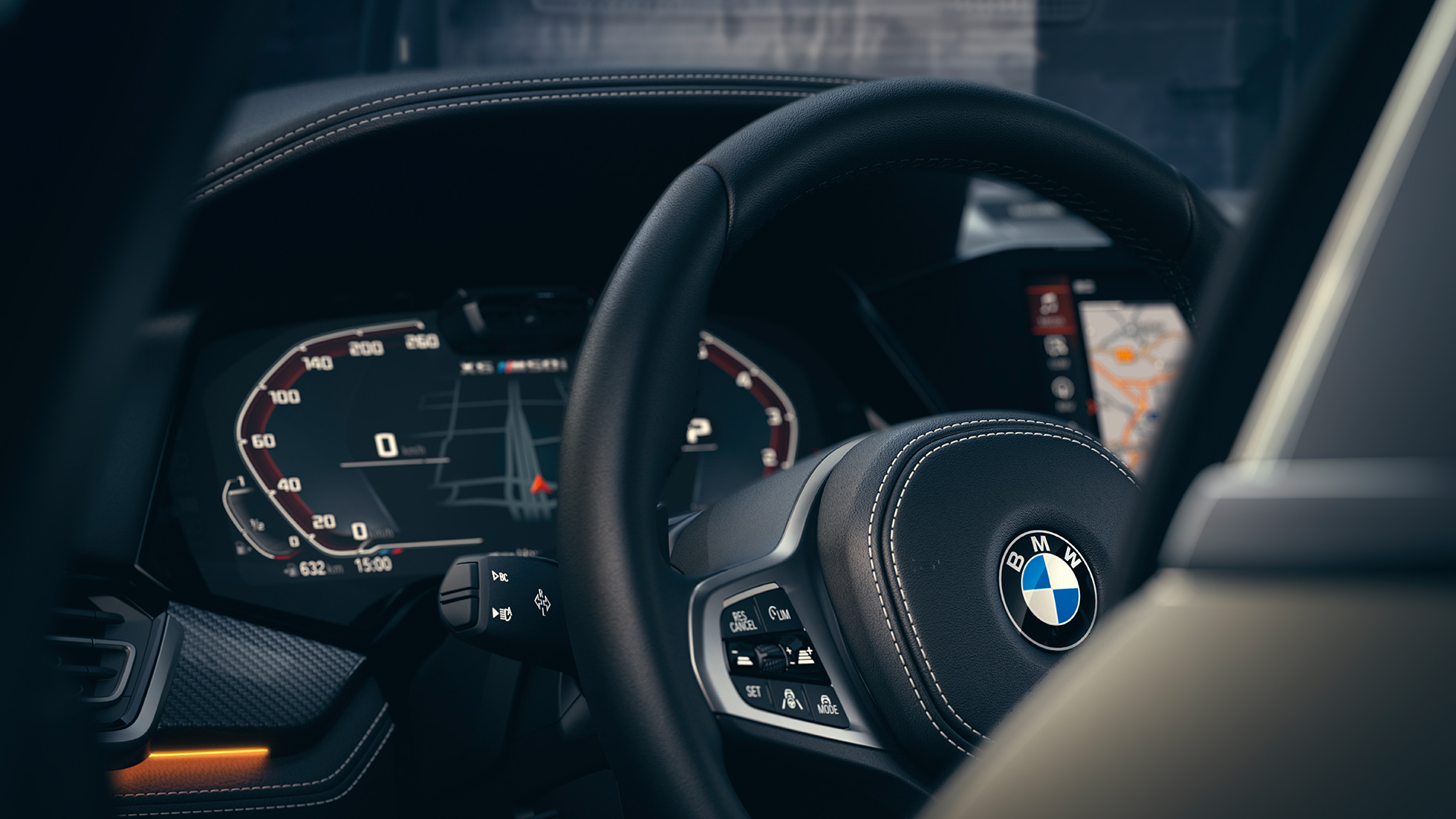 BMW hulpsystemen G06. Close-up van het BMW interieur met focus op de instrumentencombi G06.