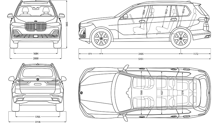 Strichzeichnung BMW X7 Abmessungen Strichzeichnung BMW X7 Abmessungen