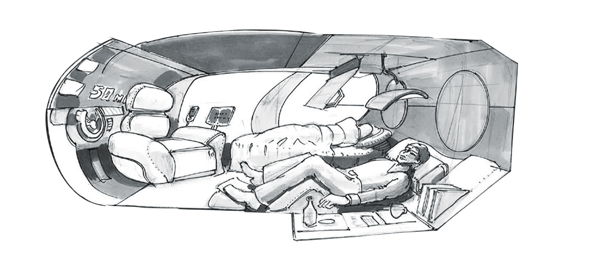 Aménagement intérieur du futur Dessin de l’intérieur d’un véhicule autonome dans le futur.
