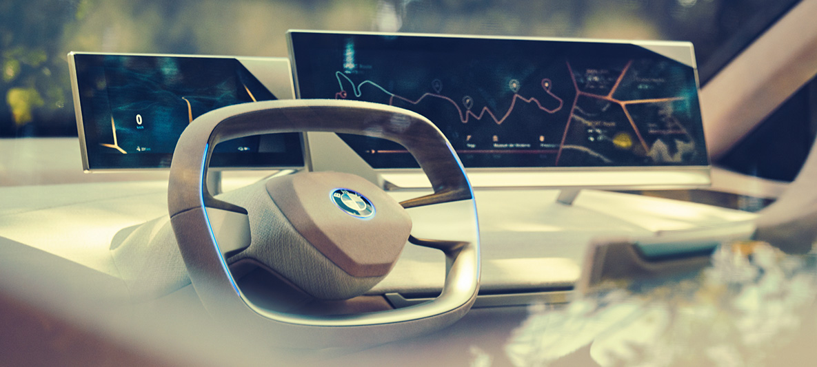 Interieur van de BMW Vision iNEXT Interieur van de BMW Vision iNEXT met stuurwiel en dashboard