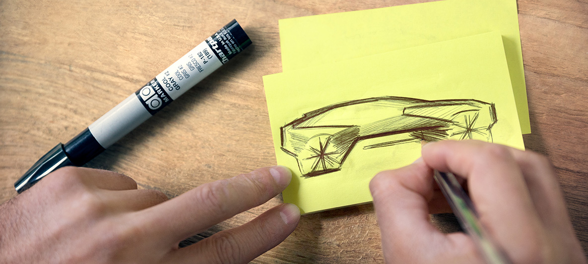 Schetsen van de BMW Vision iNEXT Handgetekende schetsen van de BMW Vision iNEXT op een post-it