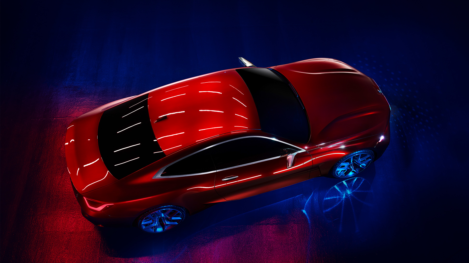 Lakkleur Forbidden Red BMW Concept 4 Opwindende lakkleur Forbidden Red BMW Concept 4 exterieurdesign vogelperspectief