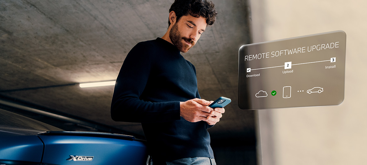 Man leunt tegen achterkant van BMW en kijkt op zijn smartphone Remote Software Upgrade man leunt tegen achterkant van BMW en kijkt op zijn smartphone