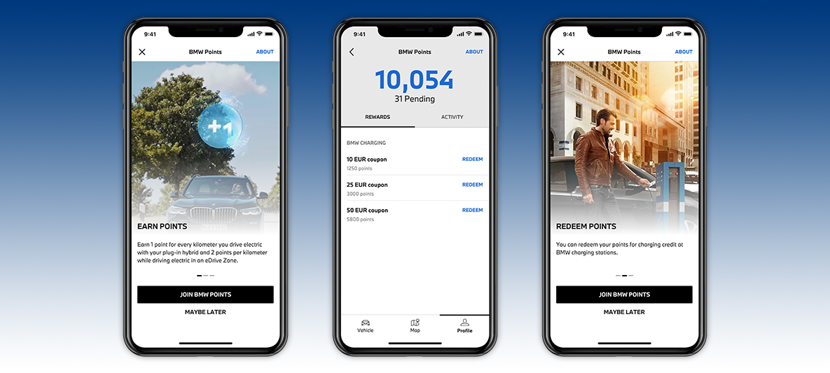 My BMW App elektrisch rijden en BMW Points verzamelen scherm smartphone My BMW App elektrisch rijden en BMW Points verzamelen scherm smartphone