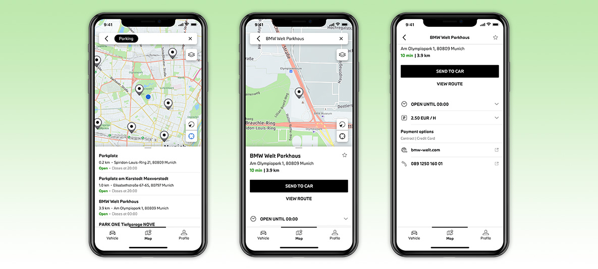 My BMW App ritten plannen en naar de wagen sturen scherm smartphone My BMW App ritten plannen en naar de wagen sturen scherm smartphone