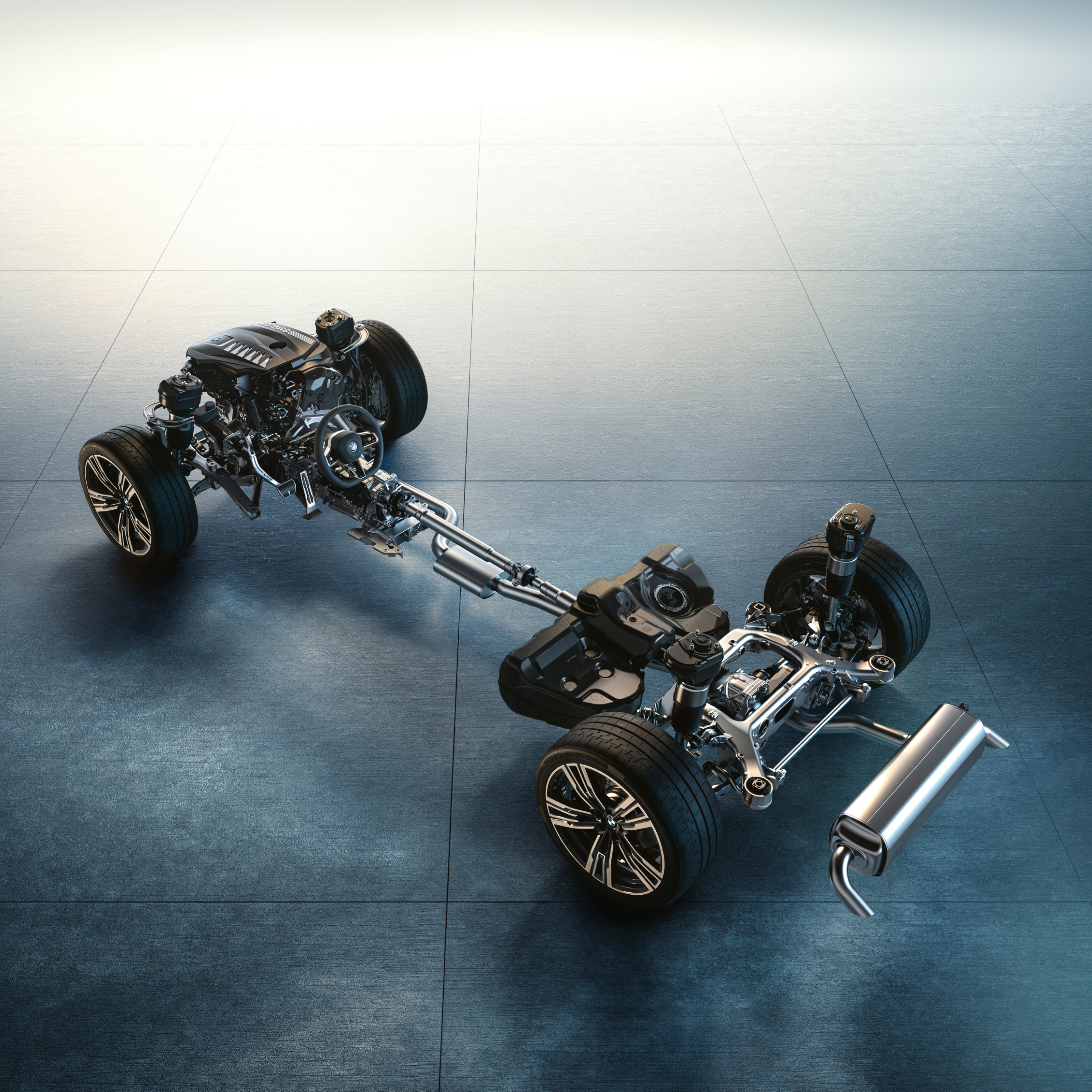 Het onderstel van een BMW wordt gedetailleerd weergegeven 