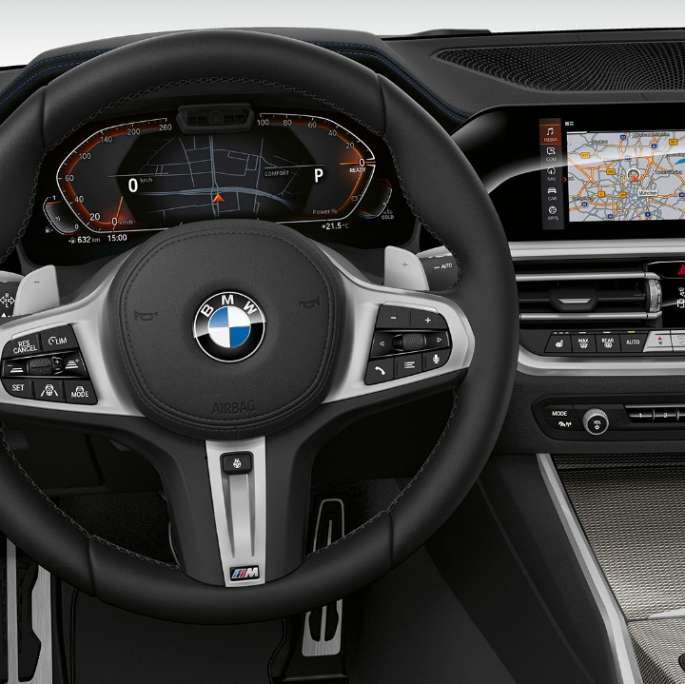 BMW 3 Reeks Berline, Model Sport cockpit Frontale close-up van de cockpit aan bestuurderszijde van de BMW 3 Reeks Berline met de uitrusting van het model Sport.